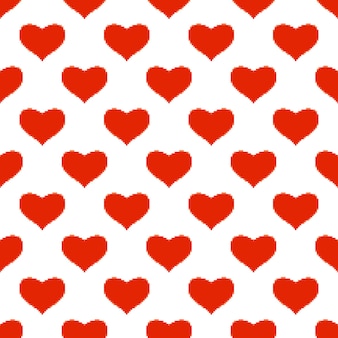 픽셀 아트 스타일에 붉은 심장 완벽 한 패턴입니다. 8비트 배경화면입니다. 발렌타인의 날 배경입니다. 직물, 직물 인쇄, 포장, 덮개를 위한 창의적인 디자인. 벡터 일러스트 레이 션