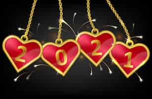 Free vector red hearts on chain with number 2021