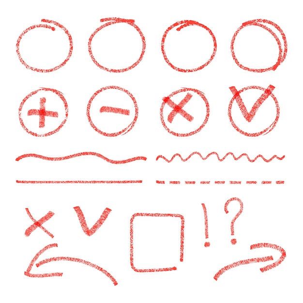 Red highlight elements. circles, arrows, check marks and cross signs.