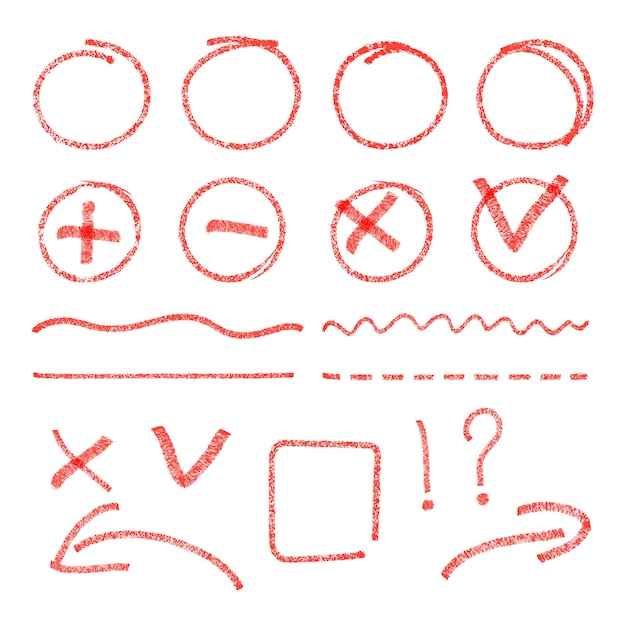 red highlight elements. Circles, arrows, check marks and cross signs.