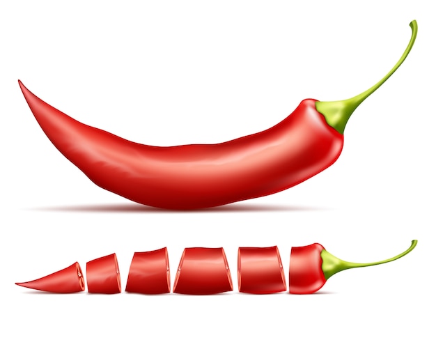 Red hot chili pepper, whole and sliced, isolated on background.