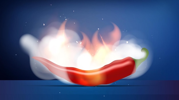 Красный острый перец в огне и дыме перец чили белые облака дыма и пламени готовый плакат или баннер для рекламы реалистичный стиль векторная иллюстрация