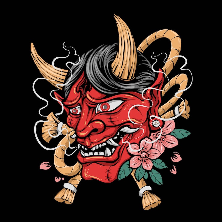 Free Vector red japanese demon mask with flower
