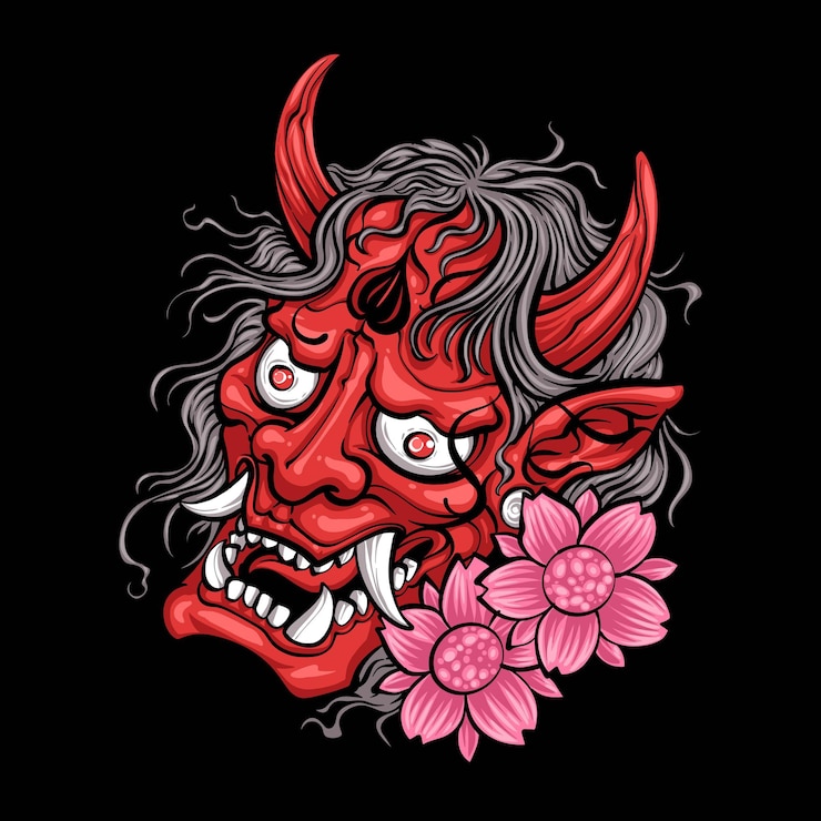 Free Vector red japanese demon mask with sakura flower
