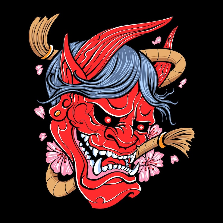 Free Vector red japanese oni mask with sakura