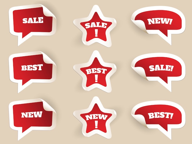 Red labels. new, best and sale. set of stickers by consumerism. vector illustration