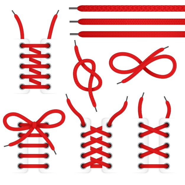 Красные кружевные туфли набор иконок с завязанными и развязанными шнурками на белом фоне