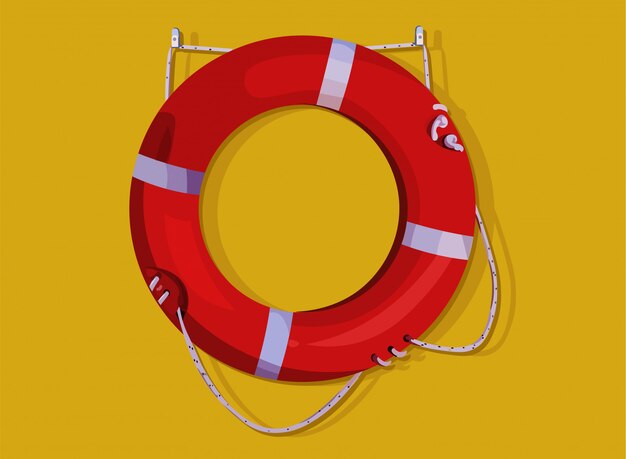 노란색 벽에 걸려 빨간색 lifebuoy 반지입니다. 생명 구조