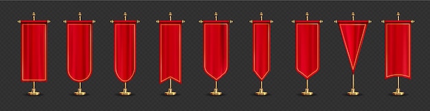 Free vector red long flags in different shapes on gold stand.