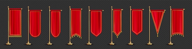 Free vector red long pennant flags with golden tassel fringe isolated on transparent