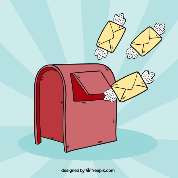 Red mailbox background and envelopes with hand drawn wings