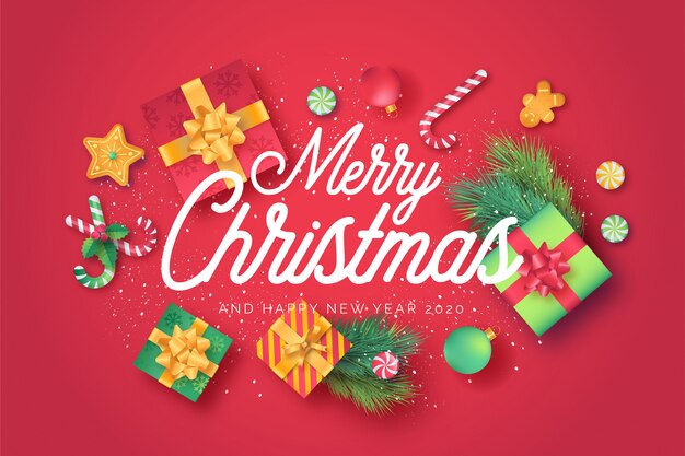 Red Merry Christmas Greeting Card with Cute Ornaments