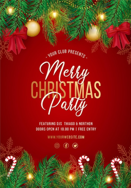 Red Merry Christmas party poster with realistic decoration