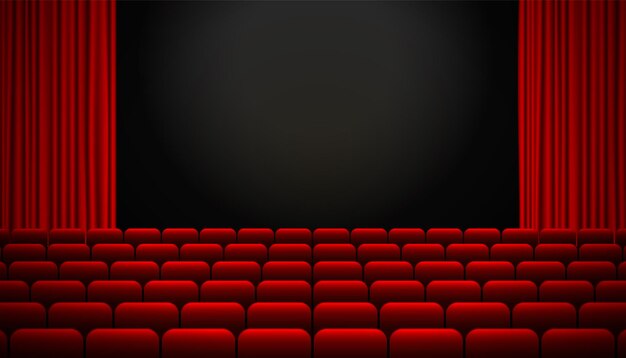 Red movie theater seats with curtains background