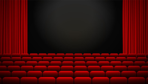 Red movie theater seats with curtains background