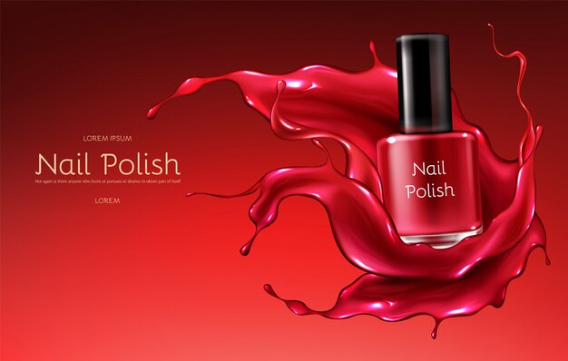 Red nail polish 3d realistic vector advertising banner with glass bottle in glossy