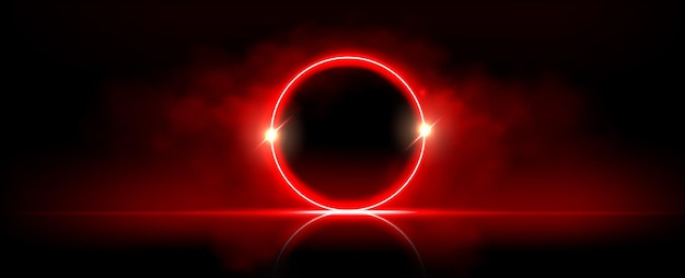 Free vector red neon circle light frame with cloud smoke effect led abstract ring with glow and flare realistic and mystery laser round surreal smokey design futuristic magic glowing music stage graphic