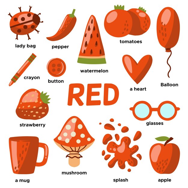 Red objects and vocabulary words