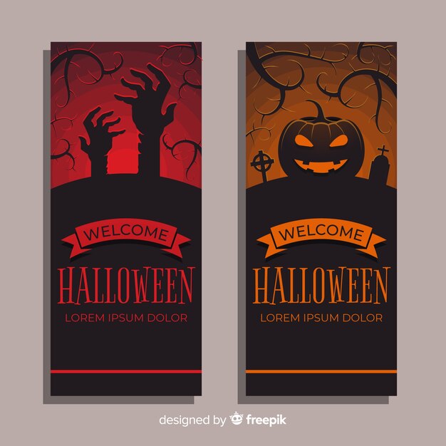 Red and orange halloween banners on flat design
