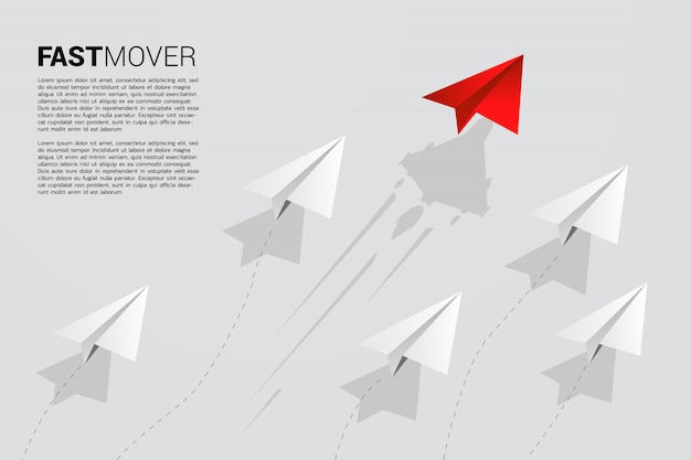 Red origami paper airplane is move faster