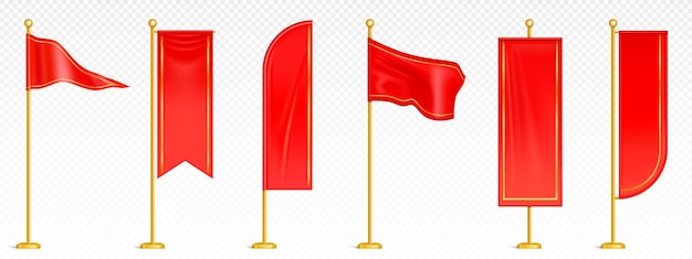 無料ベクター 赤いペンナント 3dモックアップ 三角形の長方形の水平と垂直の旗の現実的なベクトルイラストセットが金色の柱に吊るされている ヘラルディック・ロイヤルまたはスポーツ・ファブリック・ストリーマーまたはテキスタイル・キャンバス