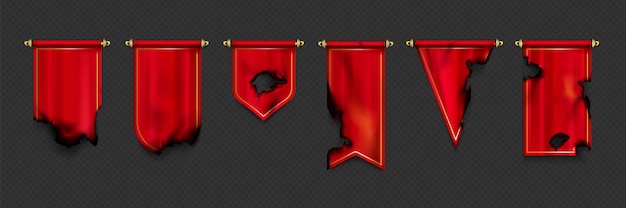 Free vector red pennant and flags in different shapes with burnt edges and holes after fire or war.