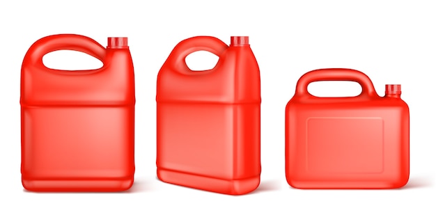 Red plastic canister for liquid fuel, chlorine, motor oil, car lubricant or detergent.