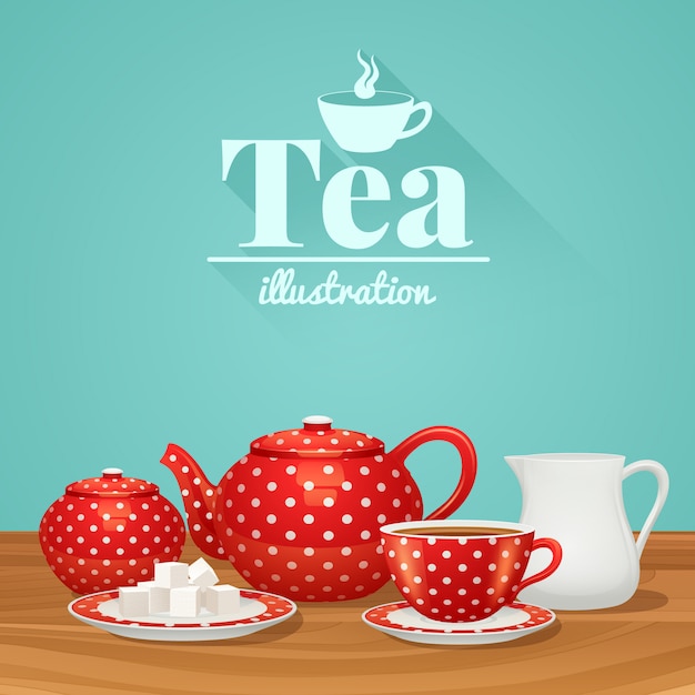 Red polka dot tea pottery set with teapot cup saucer 