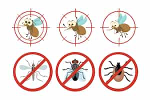 Free vector red prohibiting sign with insects cartoon illustration set. stop or anti mosquito sign, tick, flies, bloodsuckers danger warning signal, mosquito target. malaria, epidemic, contamination concept