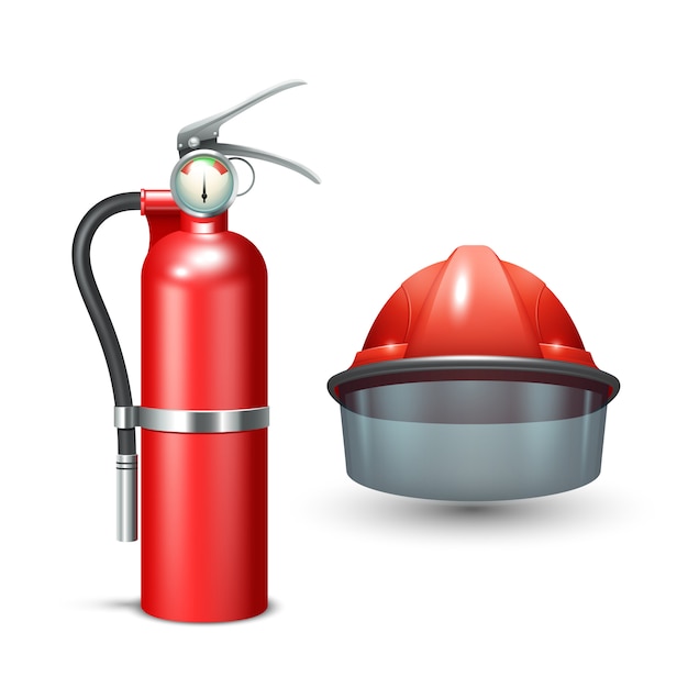 Red realistic firefighter helmet and fire extinguisher 