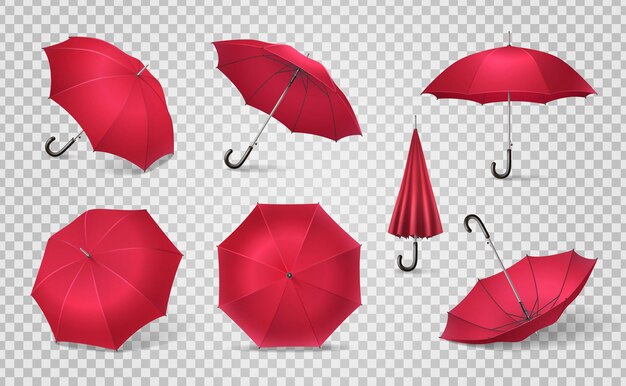 빨간색 현실적인 우산 아이콘 투명 그림에 7 개의 고립 된 우산 지팡이를 설정