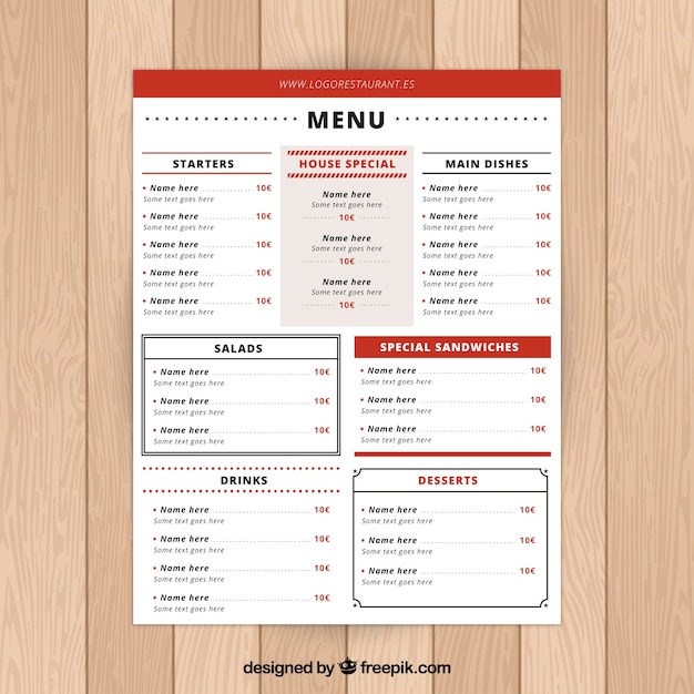 Red restaurant menu with many sections