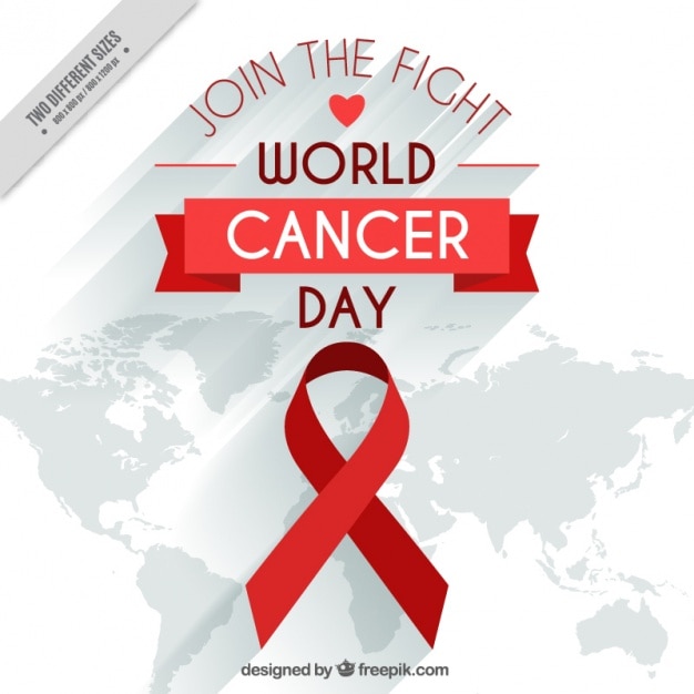 Red ribbon background and map of world day against cancer