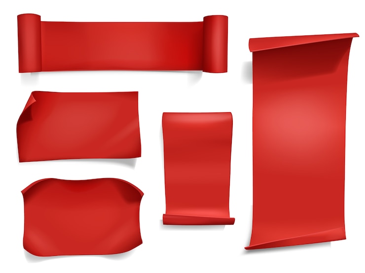 Free Vector red ribbons and banners illustration. 3d realistic curved paper, satin textile or silk scroll