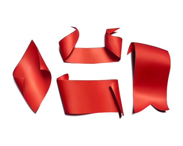 Red ribbons and flags illustration. 3D realistic curved paper, satin textile or silk banners 