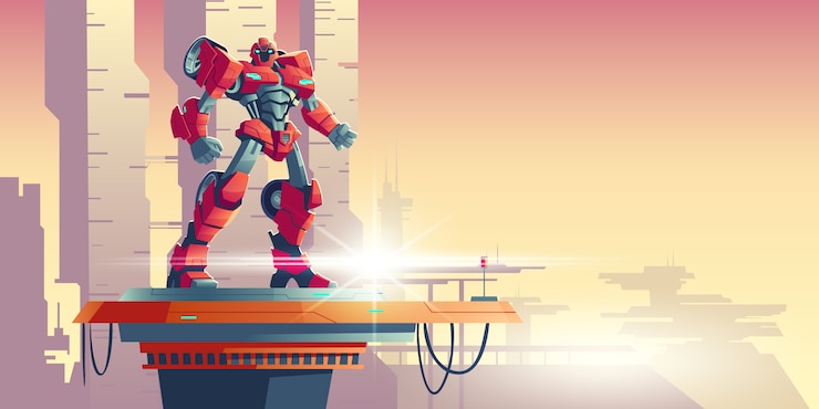 Free Vector red robot transformer alien invader on spaceship