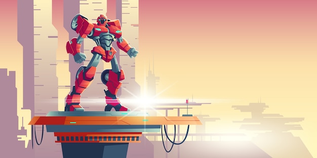 Red robot transformer alien invader on spaceship