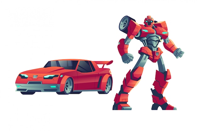 Red robot transformer and car, cartoon illustration