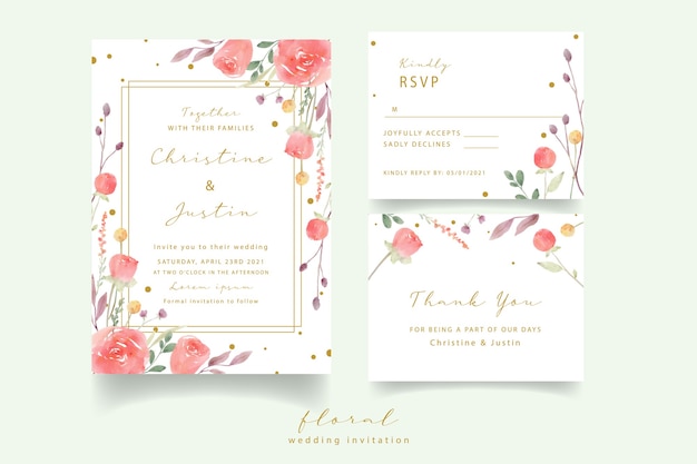 Free vector red rose watercolor wedding invitation