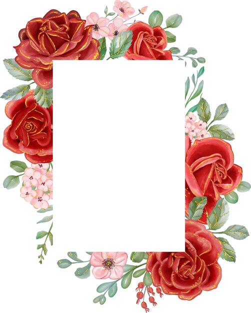 Красная роза с золотой линией Акварельная цветочная прямоугольная рамка Роскошные цветочные элементы ботанический фон или дизайн обоев, принты, приглашения и открытки