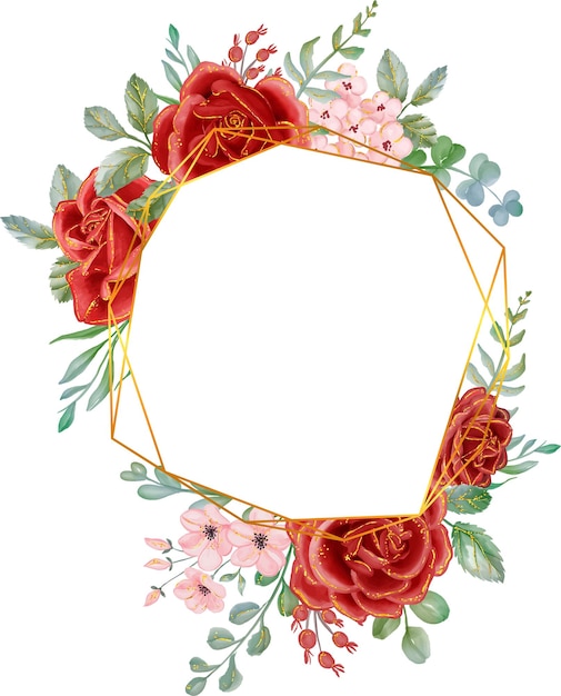 Красная роза с золотой линией Акварельная шестиугольная цветочная рамка Роскошные цветочные элементы, ботанический фон или дизайн обоев, принты, приглашения и открыткиПечать