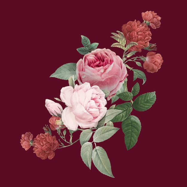 赤いバラの花の花束ヴィンテージ手描きステッカー