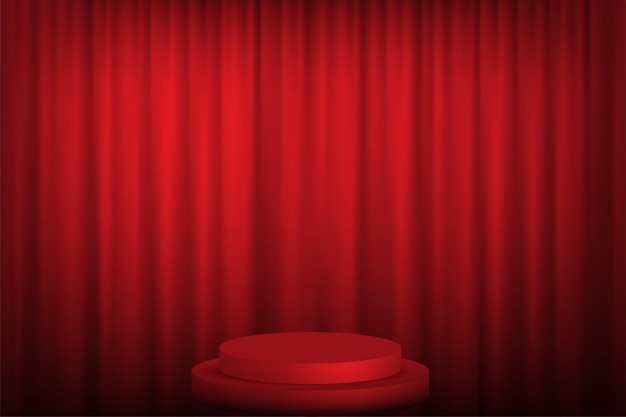 Red round podium with steps in front of the curtains Teatre scene with platform for presentation or show