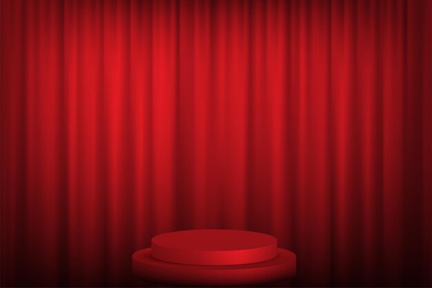Red round podium with steps in front of the curtains Teatre scene with platform for presentation or show