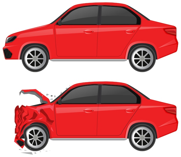 Free vector red sedan car and wrecked car on white background