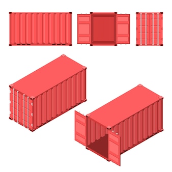 The red shipping container. flat and isometric styles. open and closed case. storage and delivery of cargo. vector illustration.