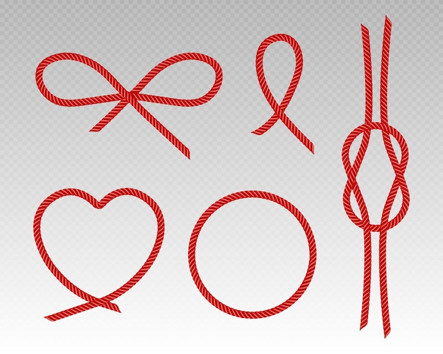 Красные шелковые шнуры, сердце, бант, круглая рамка и узел из атласной веревки, алые нити, декоративные швейные изделия, граница галстука, кривая и скрученные ленты, изолированный набор