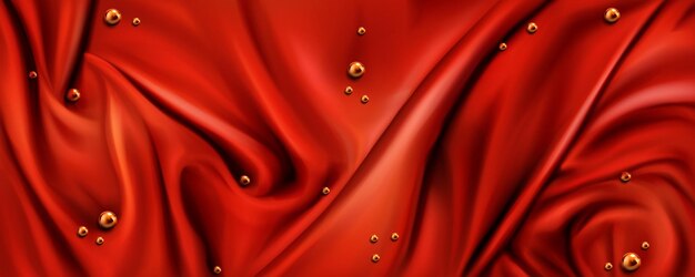 Red silk draped fabric with gold pearls