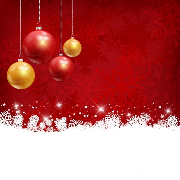 Free vector red snowy christmas background with hanging decorative balls