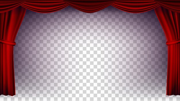 赤の劇場の幕のベクトル コンサート 劇場 オペラまたは映画の空のシルクステージ 赤いシーンのための透明な背景 リアルなイラスト プレミアムベクター